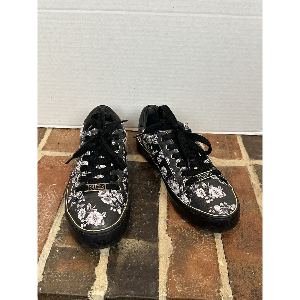 GUESS Los Angeles Black & White Floral Print Lace Up Sneakers Shoes Sz 6.5
